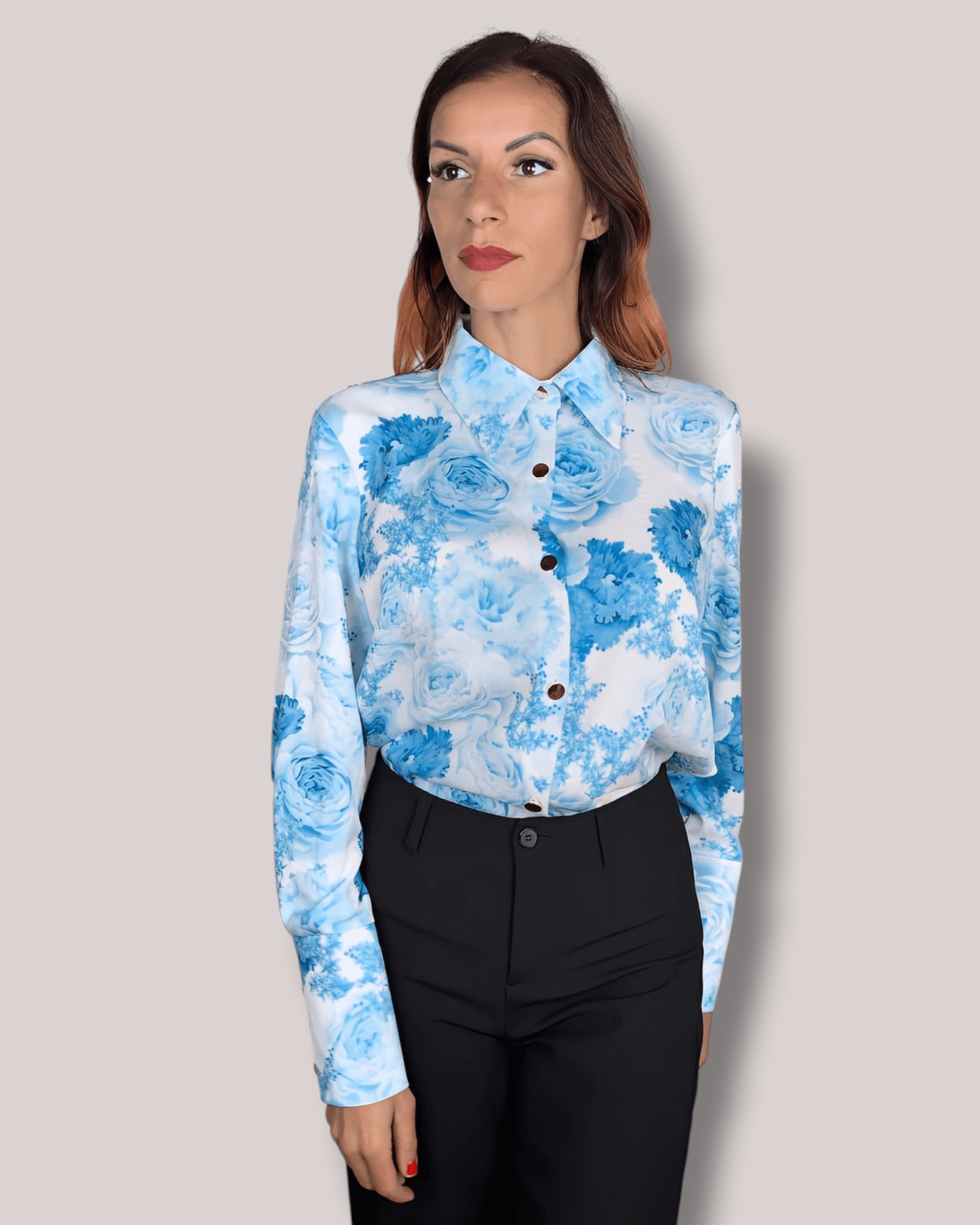 White Blouse with Light Blue Floral Print blouse Suranska Shop 