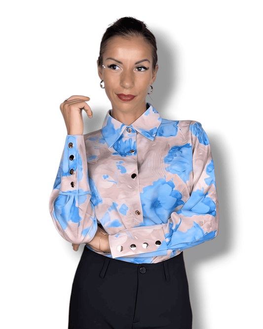 Beige Blouse with Light Blue Floral Print blouse Suranska Shop 