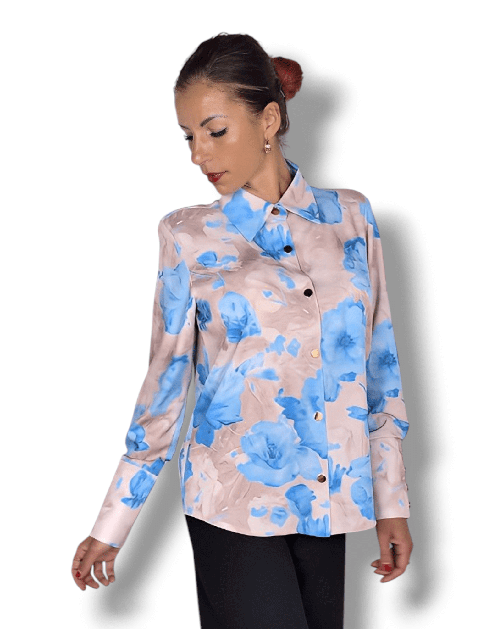 Beige Blouse with Light Blue Floral Print blouse Suranska Shop 