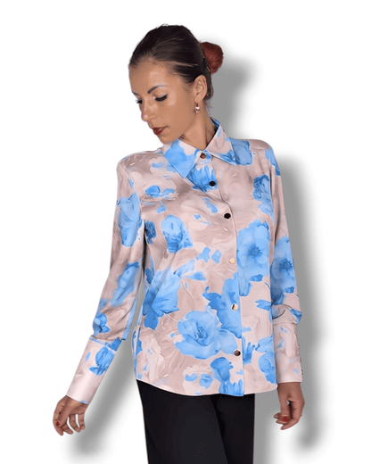 Beige Blouse with Light Blue Floral Print blouse Suranska Shop 